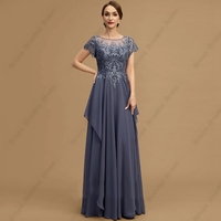 Grey Scoop Mother of Bride/Groom Dress Evening Dresses for Women Chiffon Prom Gowns with Lace Short Sleeve 2023 Summer Beach Vestido De Noche Summer - Thumbnail 1