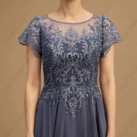 Grey Scoop Mother of Bride/Groom Dress Evening Dresses for Women Chiffon Prom Gowns with Lace Short Sleeve 2023 Summer Beach Vestido De Noche Summer - Thumbnail 3