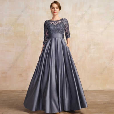 Grey Scoop Mother of Bride /Groom Dresses for Women Three Quarter Satin Wedding Party Gown Lace 2023 Summer Vestido De Noche