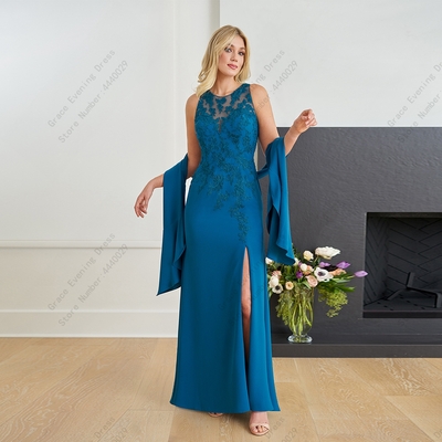 Mother of Bride/Groom Dresses for Women Sleeveless Scoop Wedding Party Gowns with Lace Side Slit