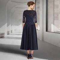 Dark Navy Satin Mother of Bride/ Groom Dresses for Women 2023 Summer Three Quarter Wedding Party Gown with Lace Summer - Thumbnail 1