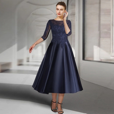 Dark navy satin mother of bride/ groom dresses for women 2023 summer three quarter wedding party gown with lace summer