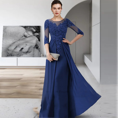 Scoop Blue Mother of Bride/Groom Dresses for Wedding 2023 New Chiffon Lace Mermaid Formal Party Summer Lace Chiffon Wedding Party Gown