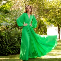 Elegant V Neck Mother of Bride/Groom Dresses for Women Full Sleeve Chiffon Wedding Party Gowns 2023 Summer Pleat - Thumbnail 1