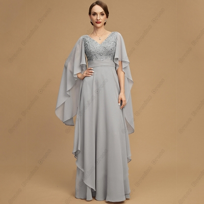 Grey strapless mother of bride/groom dresses for women full sleeve ruffles wedding party gown 2023 summer chiffon