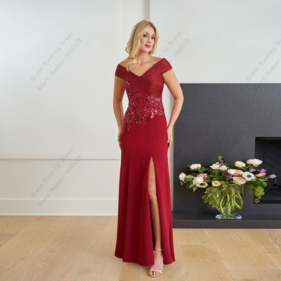Red off shoulder side slit mother of bride/groom dress  summer new sequined sleeveless prom gowns floor length 