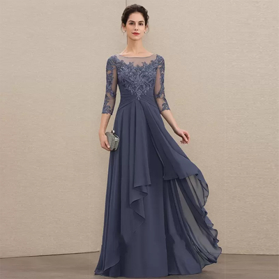 Charming Three Quarter Mother of Bride/Groom Dresses for Women 2023 New Chiffon Wedding Party Gowns Summer Lace Scoop