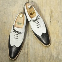 Beautiful Hand Stitched Wing Tip Brogue Toe Men's Lace Genuine Leather Black white Color Designer Shoes - Thumbnail 2