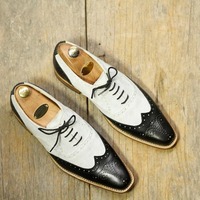Beautiful Hand Stitched Wing Tip Brogue Toe Men's Lace Genuine Leather Black white Color Designer Shoes - Thumbnail 1
