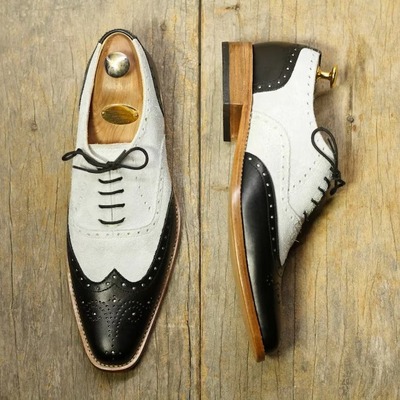 Beautiful hand stitched wing tip brogue toe men's lace genuine leather black white color designer shoes - Thumbnail 1