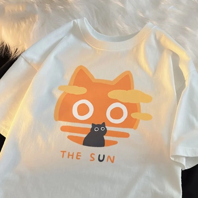 Cat Cartoon Sun Moon Print Short Sleeve T-shirt 