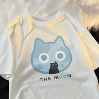 Cat Cartoon Sun Moon Print Short Sleeve T-shirt  - Thumbnail 3