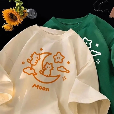 Cat moon print short sleeve t-shirt  - Thumbnail 2
