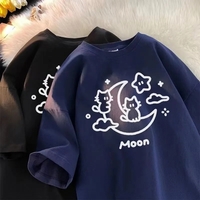 Cat Moon Print Short Sleeve T-shirt  - Thumbnail 5
