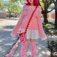 Pink Off Shoulder Bow Lace Sweater  - Thumbnail 8