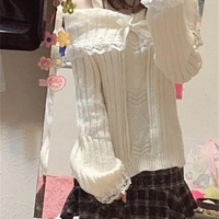 Pink Off Shoulder Bow Lace Sweater  - Thumbnail 7