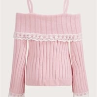 Pink Off Shoulder Bow Lace Sweater  - Thumbnail 2