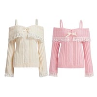 Pink Off Shoulder Bow Lace Sweater  - Thumbnail 1