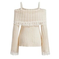 Pink Off Shoulder Bow Lace Sweater  - Thumbnail 6