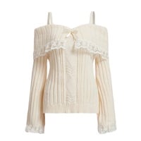 Pink Off Shoulder Bow Lace Sweater  - Thumbnail 5