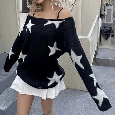 Black star print off shoulder sweater 