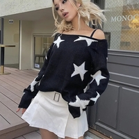 Black Star Print Off Shoulder Sweater  - Thumbnail 4