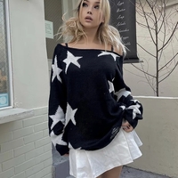 Black Star Print Off Shoulder Sweater  - Thumbnail 5