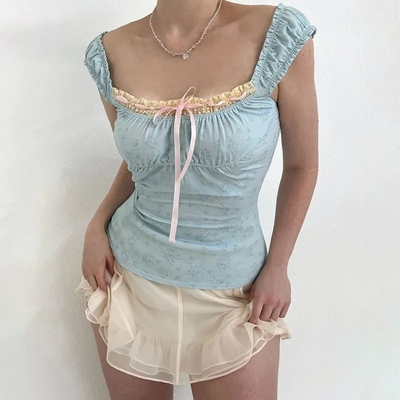 Blue floral lace cottage tank top - Thumbnail 3