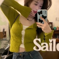 Fluffy Green Buckle Cropped Sweater  - Thumbnail 1