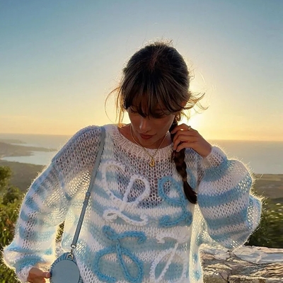 Blue & white knit hollow out sweater  - Thumbnail 1