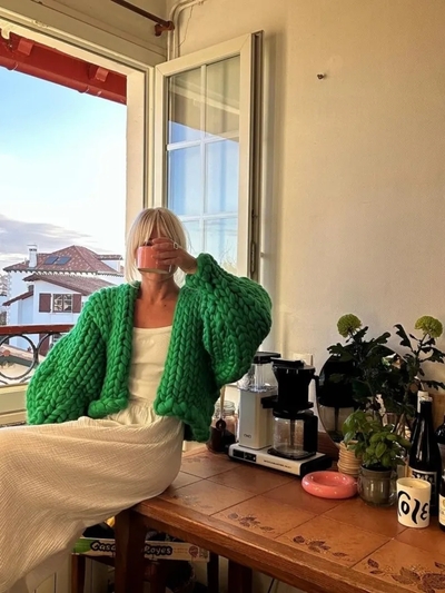 Green Oversized Lantern Sleeve Cardigan 