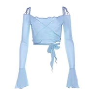 Blue See Through V Neck Bandage Long Sleeve Shirt  - Thumbnail 8