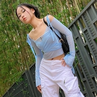 Blue See Through V Neck Bandage Long Sleeve Shirt  - Thumbnail 1