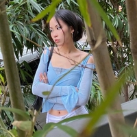 Blue See Through V Neck Bandage Long Sleeve Shirt  - Thumbnail 2