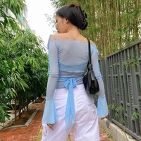 Blue See Through V Neck Bandage Long Sleeve Shirt  - Thumbnail 3