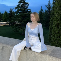 Blue See Through V Neck Bandage Long Sleeve Shirt  - Thumbnail 5