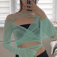 Blue See Through V Neck Bandage Long Sleeve Shirt  - Thumbnail 7
