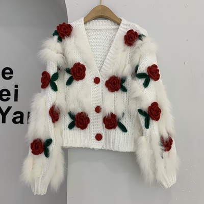 V-neck three-dimensional flower short sweater temperament knitted cardigan