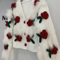 V-neck three-dimensional flower short sweater temperament knitted cardigan - Thumbnail 8