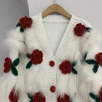 V-neck three-dimensional flower short sweater temperament knitted cardigan - Thumbnail 7