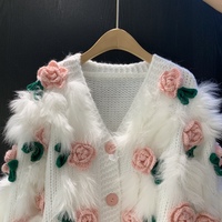 V-neck three-dimensional flower short sweater temperament knitted cardigan - Thumbnail 2