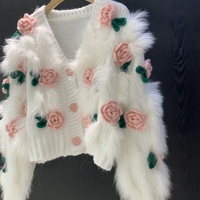 V-neck three-dimensional flower short sweater temperament knitted cardigan - Thumbnail 1