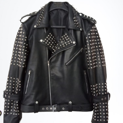 Black punk biker studded leather jacket with spikes