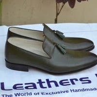 Crafted Leather Handmade Olive Green Leather Tassel Loafers Men Dress Shoes - Thumbnail 1