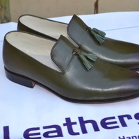 Crafted Leather Handmade Olive Green Leather Tassel Loafers Men Dress Shoes - Thumbnail 2