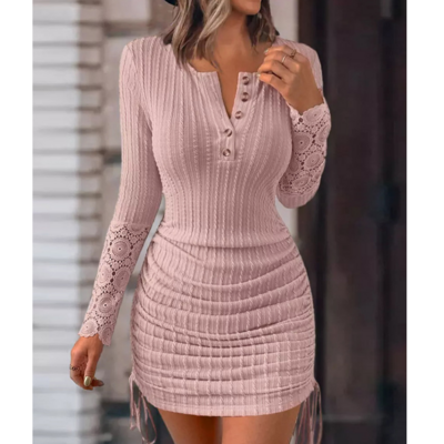 Vintage Lace Spliced Button Long Sleeve Slim Dress