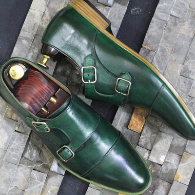 Men's handmade green color genuine leather double buckle monk strap cap toe shoes - Thumbnail 3