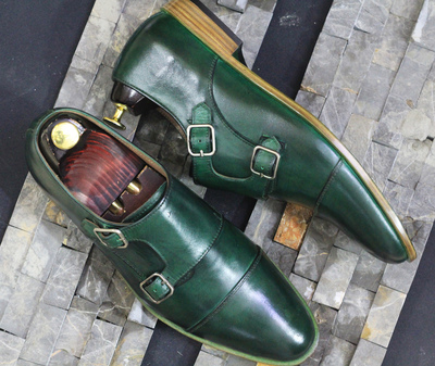 Men's Handmade Green Color Genuine Leather Double Buckle Monk Strap Cap Toe Shoes