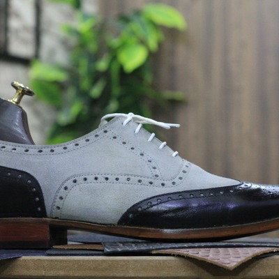New pure leather suede grey black colour lace up wing tip and brogue toe style dress shoes - Thumbnail 2