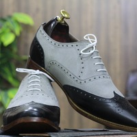 New Pure Leather Suede Grey Black Colour Lace Up Wing Tip and Brogue Toe Style Dress Shoes - Thumbnail 3